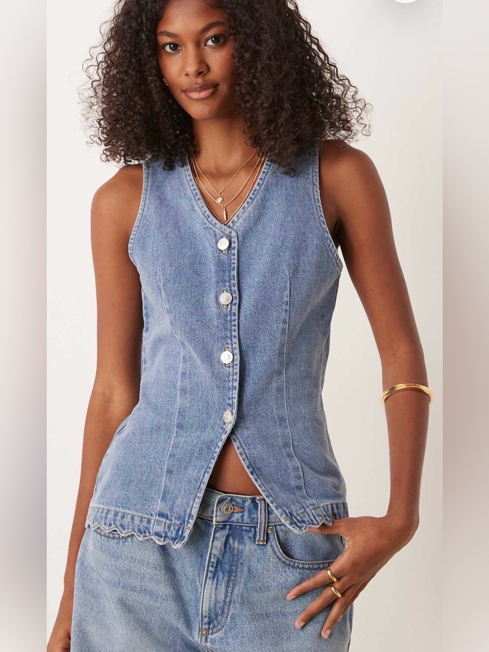 ASOS DESIGN Denim button up vest with scallop hem